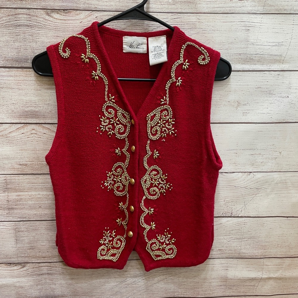 VINTAGE KATHIE LEE EMBELLISHED AND EMBROIDERED RED SWEATER VEST